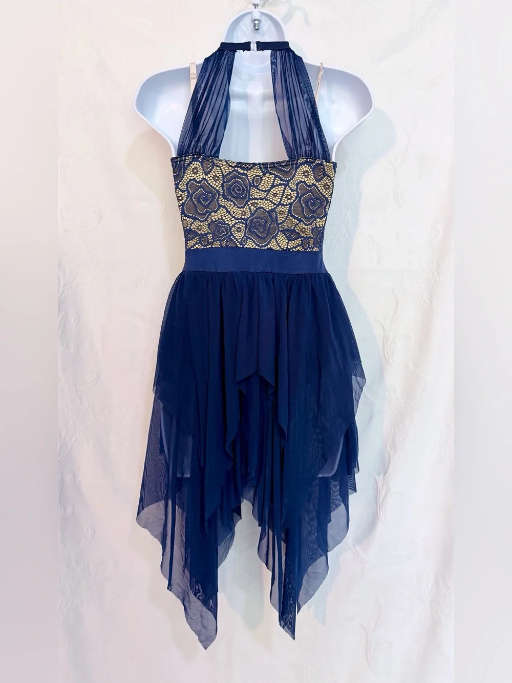 Weissman Navy Blue Halter Lace Chiffon Dance Costume Girls Sz LC D0057